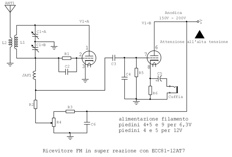Schema elettrico ricevitore FM superreazione con ECC81